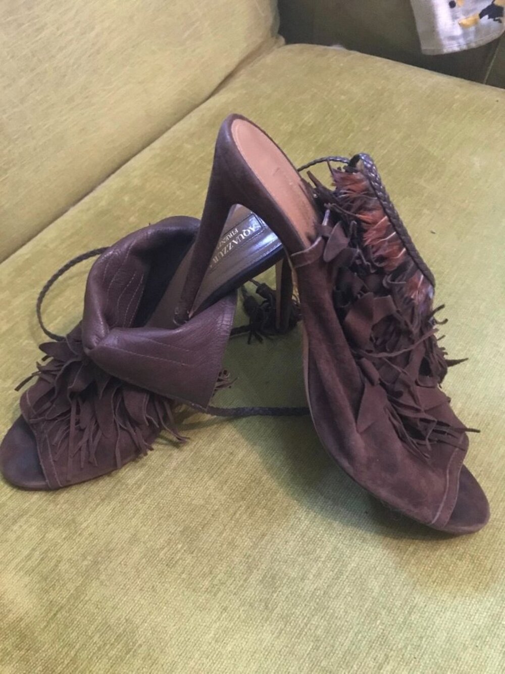 AQUAZZURA Chocolate Brown Suede Feather Fringe Lace Up Sandals Heel